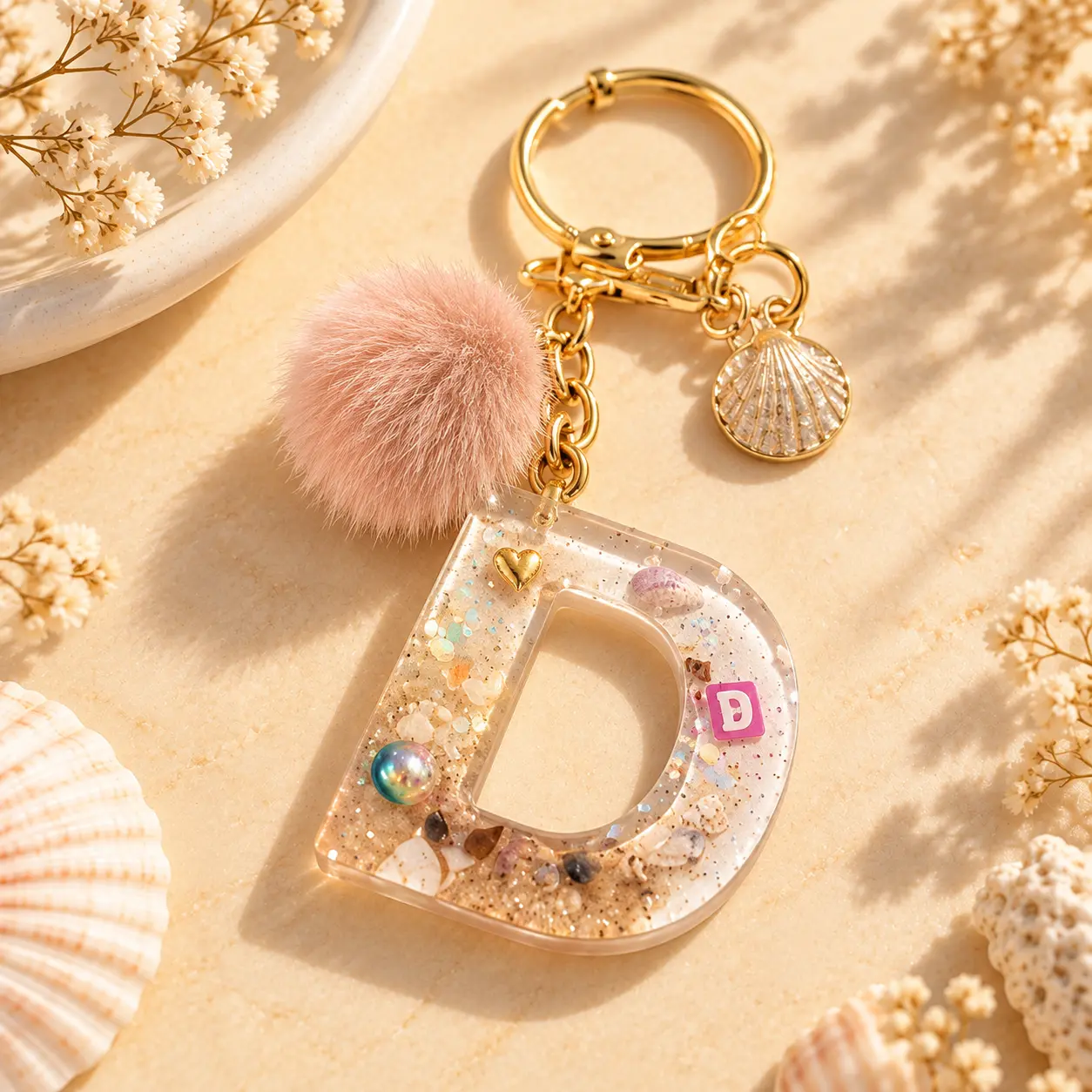Sand-and-glitter resin letter D keyring with pink pom-pom and gold shell charm