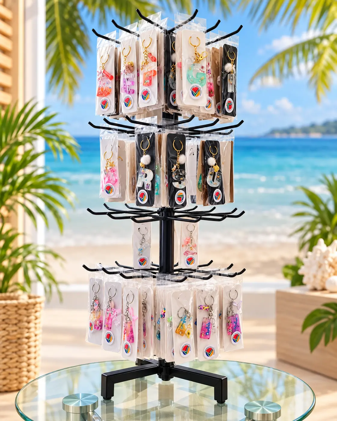 Alansa rotating display stand filled with packaged keyrings