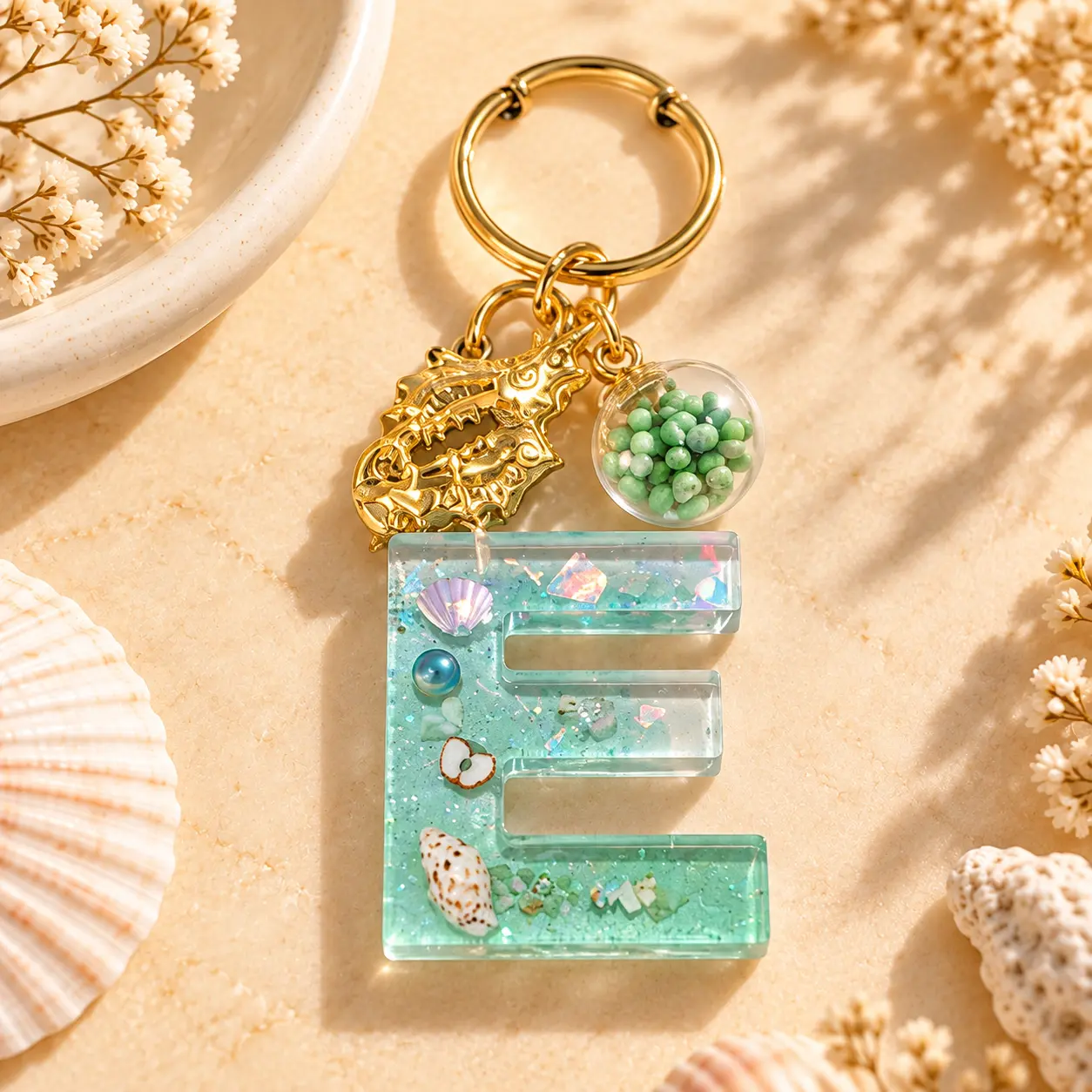 Mint resin letter E keyring with gold seahorse charm