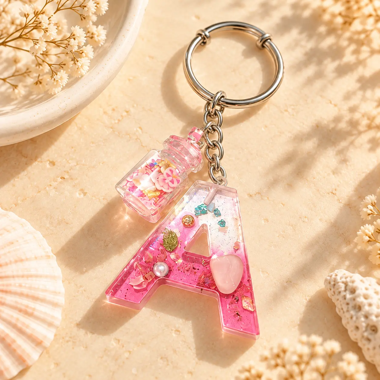 Pink resin letter A keyring with a glass bottle charm