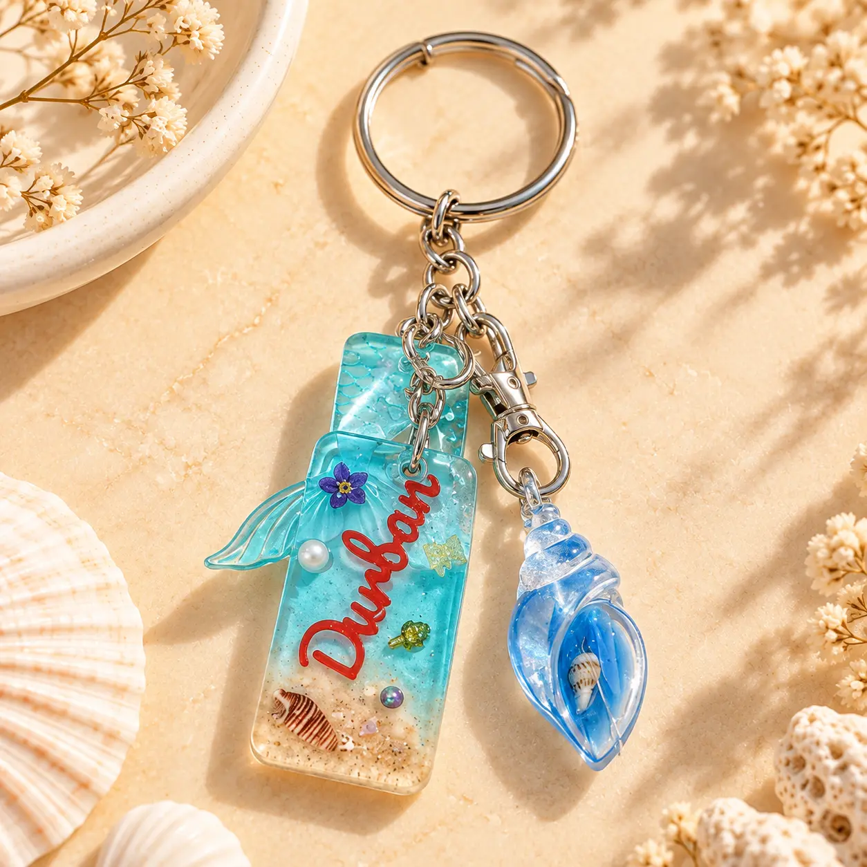Durban destination resin keyring with mermaid tail and shell charm