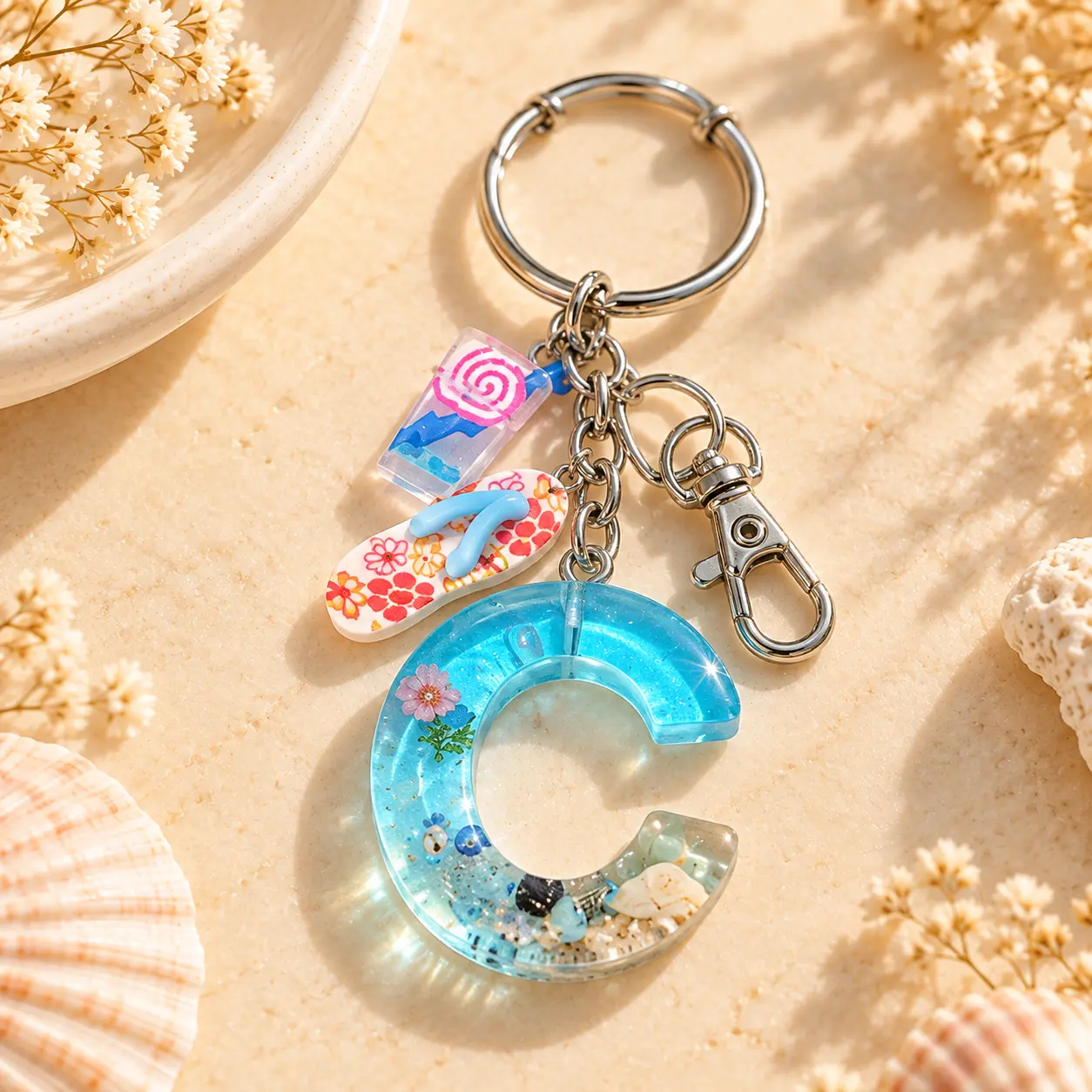 Ocean-blue resin letter C keyring with flip-flop and lollipop charms